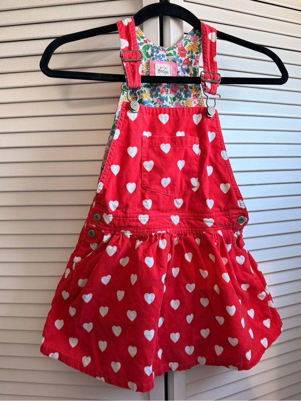 Mini Boden red heart corduroy skirt overalls size 6-7
